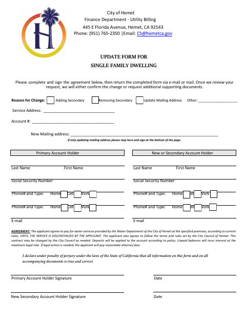 First page of the Update Form for Single Family Dwelling