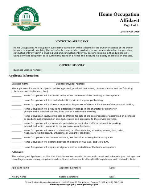 First page of the Home Occupation Affidavit