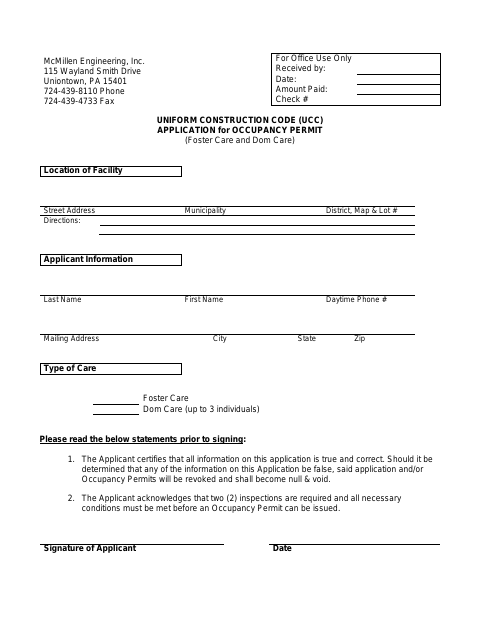 First page of the Occupancy Permit Application (Foster Care and Dom Care)