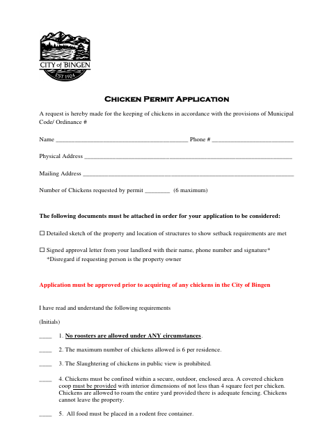 First page of the Chicken Permit Application