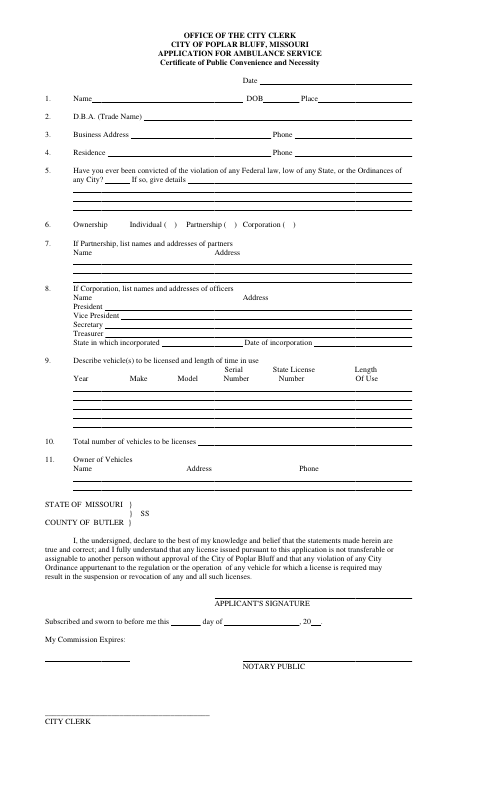 First page of the Application for Ambulance Service