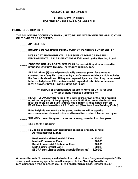 First page of the Zoning Board of Appeals Application
