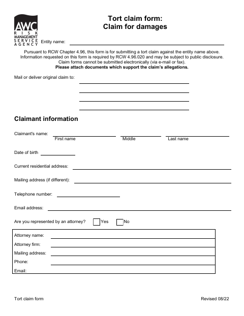 First page of the Tort Claim Form