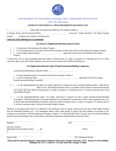 First page of the Affidavit for Removal from Prohibited Buildings List