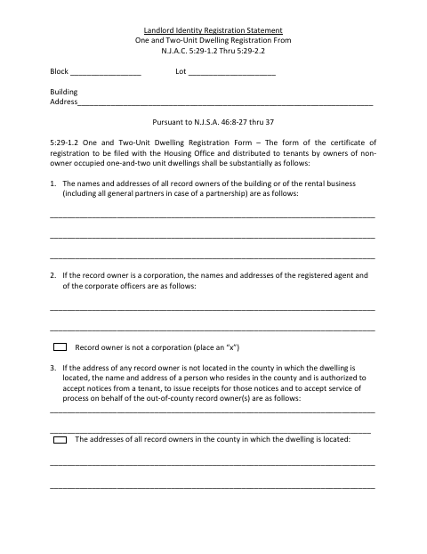 First page of the Landlord Identity Registration Statement