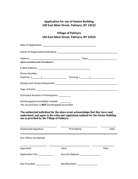First page of the Application for Use of Sexton Building