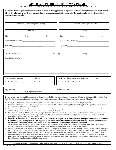 First page of the Right-of-Way Permit Application