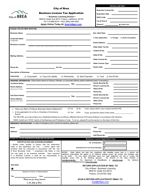 First page of the Business License Tax Application