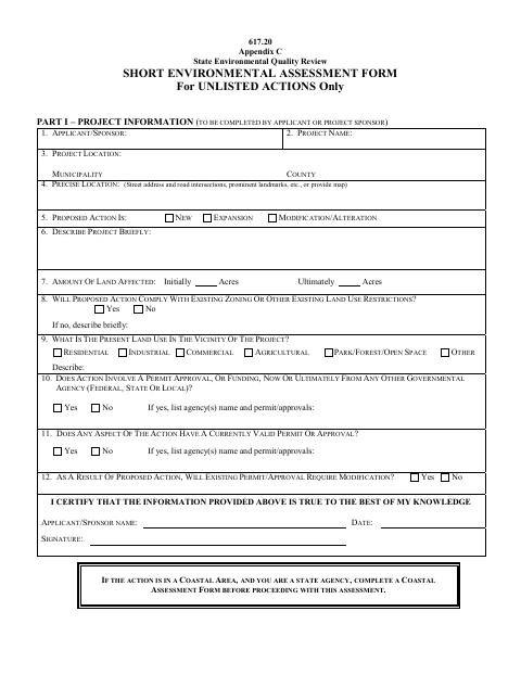 First page of the Short Environmental Assessment Form