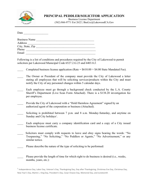 First page of the Principal Peddler/Solicitor Application