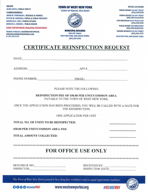 First page of the Certificate Reinspection Request