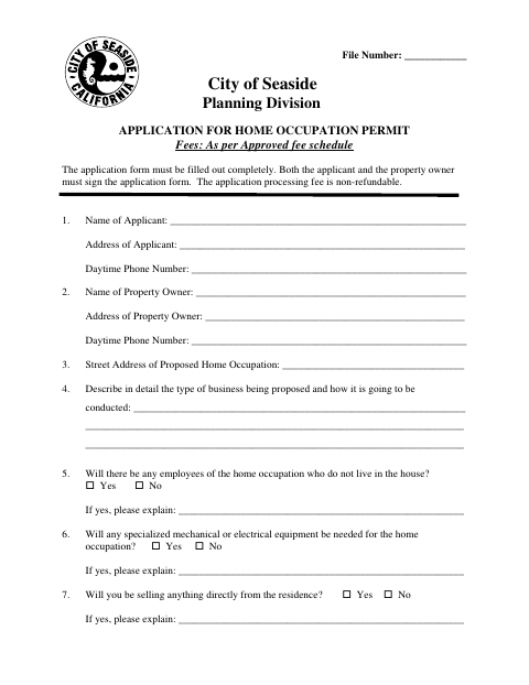 First page of the Application for Home Occupation Permit