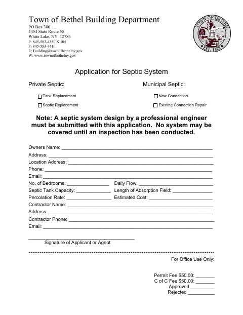 First page of the Application for Septic System