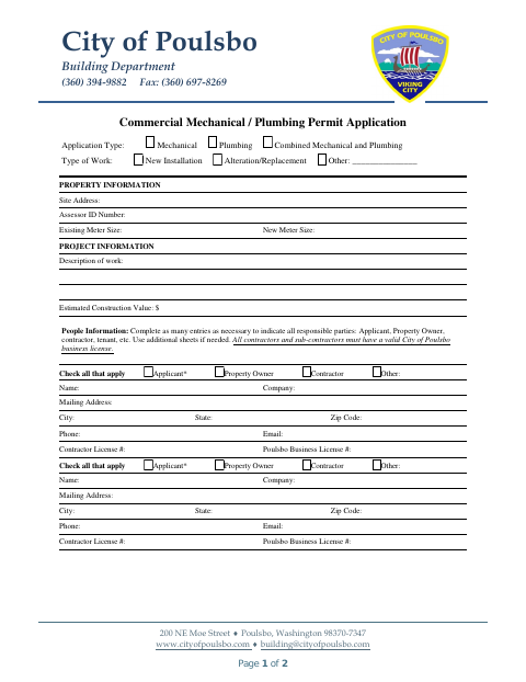 First page of the Commercial Mechanical / Plumbing Permit Application