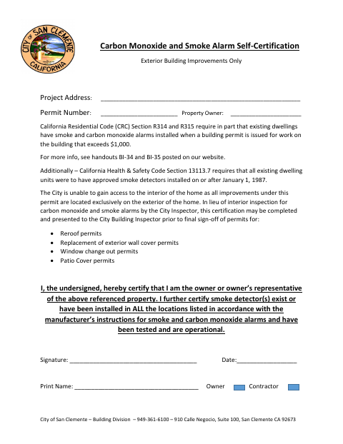 First page of the Carbon Monoxide and Smoke Alarm Self-Certification
