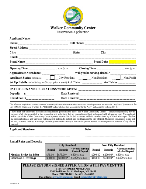 First page of the Community Center Reservation Application