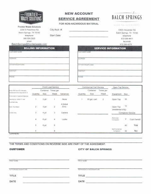 First page of the Frontload Open Top Container Request