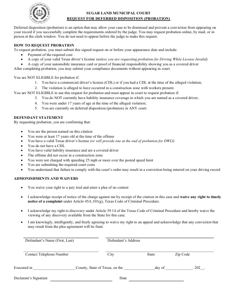 First page of the Request for Deferred Disposition (Probation)