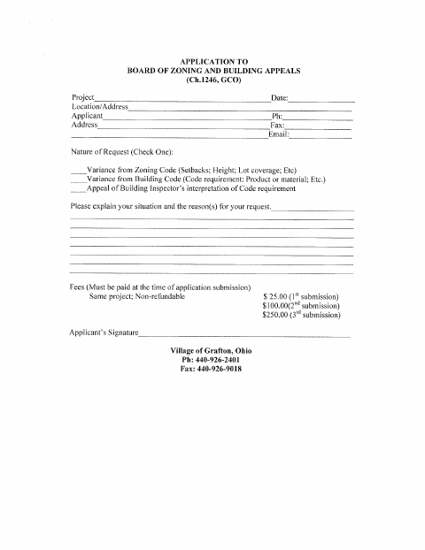 First page of the Board of Zoning and Building Appeals Application