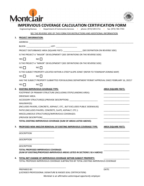 First page of the Impervious Coverage Calculation Certification Form