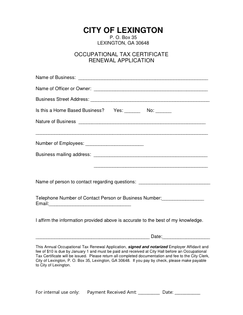 First page of the Occupational Tax Certificate Renewal Application