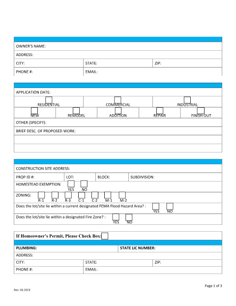 First page of the Plumbing Permit Application