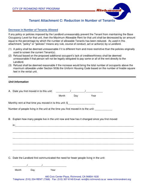 First page of the Tenant Attachment C: Reduction in Number of Tenants