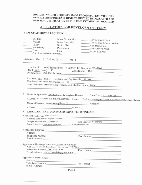 First page of the Application for Development and Variance Relief