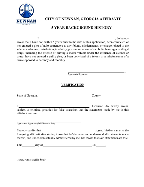 First page of the Five-Year Background History Affidavit