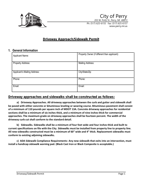 First page of the Driveway/Sidewalk Permit