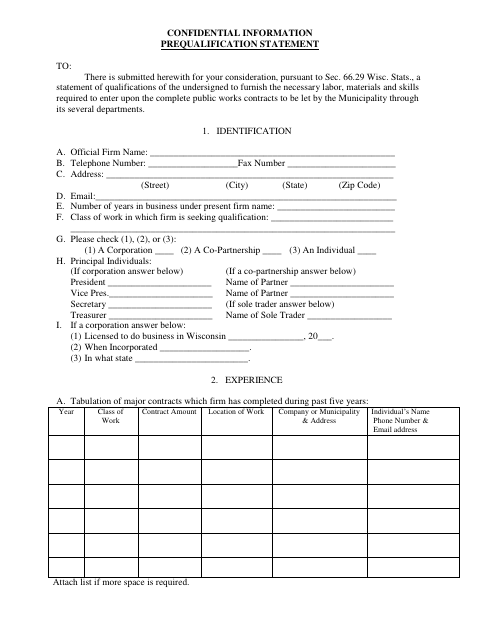 First page of the Contractor Prequalification Statement