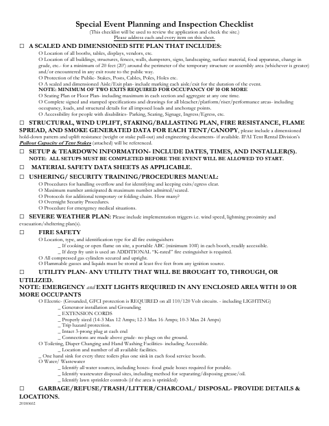 First page of the Special Event Planning and Inspection Checklist
