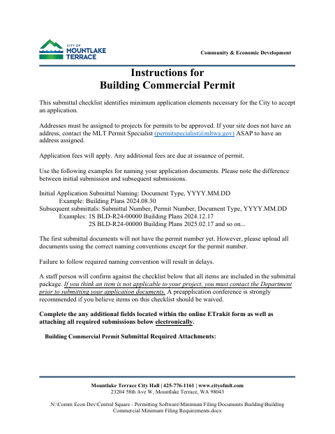 First page of the Building Commercial Permit Submittal Checklist