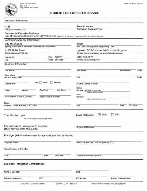 First page of the Commercial Cannabis Live Scan Request