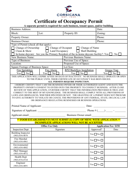 First page of the Certificate of Occupancy