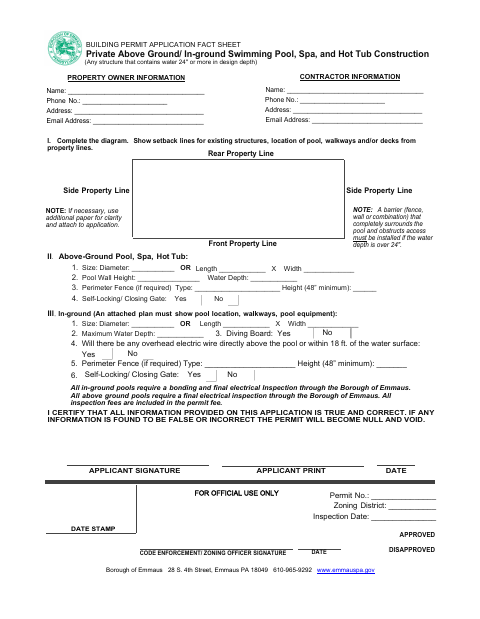 First page of the Private Swimming Pool, Spa, and Hot Tub Construction Permit Application