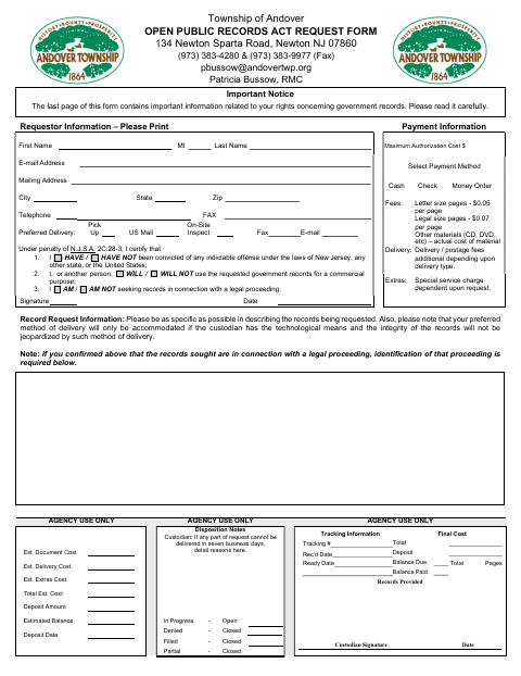 First page of the Open Public Records Act Request Form