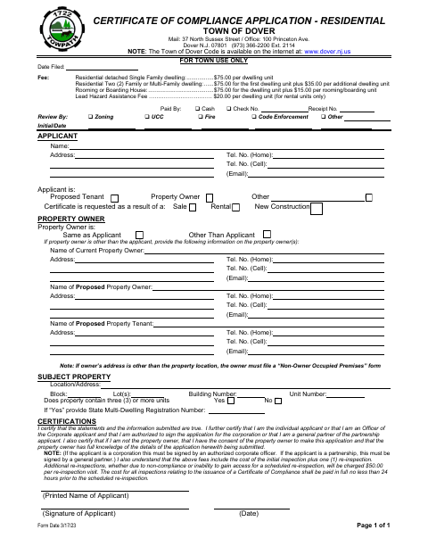 First page of the Certificate of Compliance Application - Residential