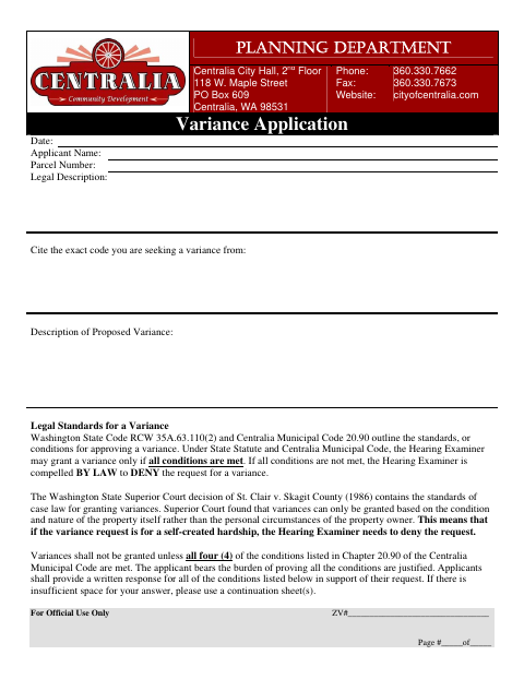 First page of the Variance Application
