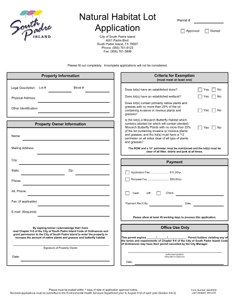 First page of the Natural Habitat Lot Application