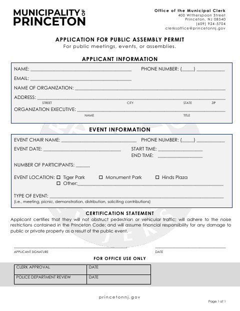 First page of the Application for Public Assembly Permit
