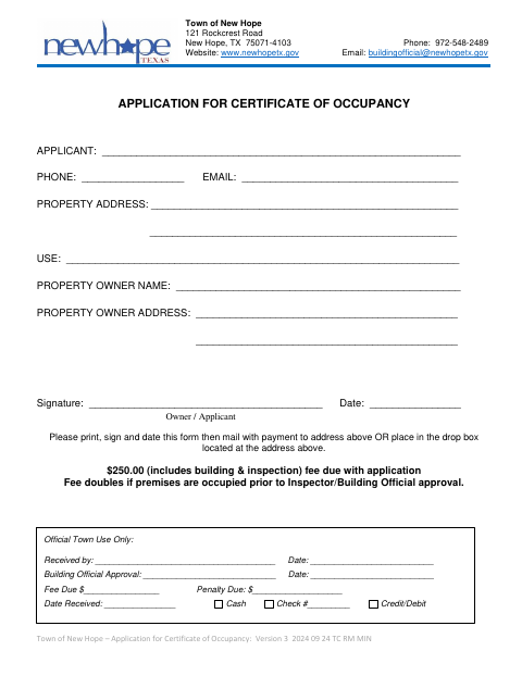 First page of the Application for Certificate of Occupancy