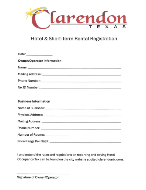 First page of the Hotel & Short-Term Rental Registration