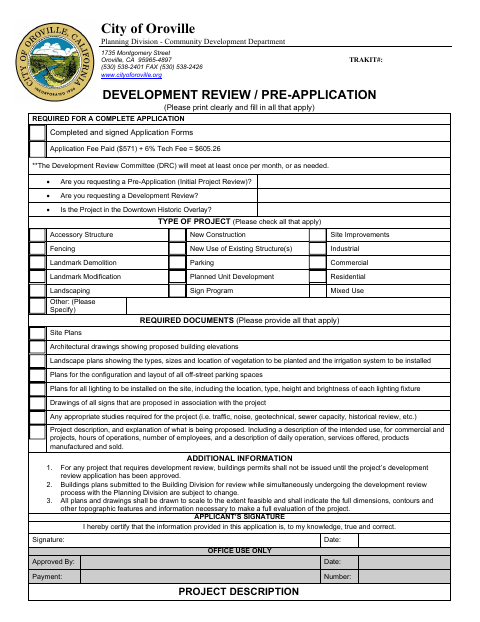 First page of the Development Review / Pre-Application