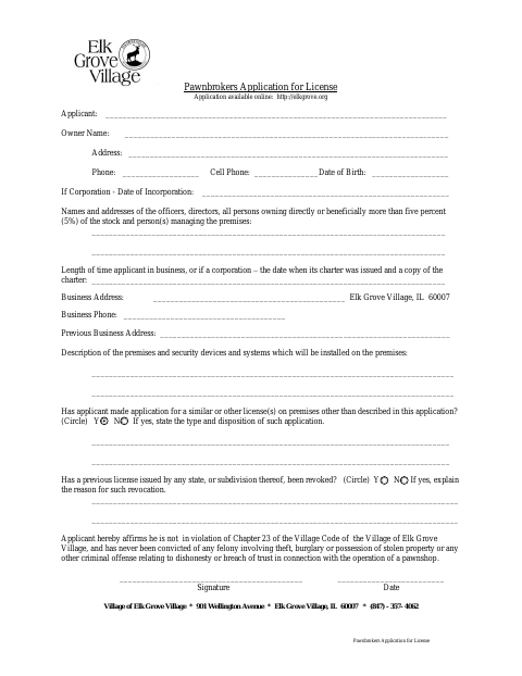First page of the Pawnbrokers Application for License