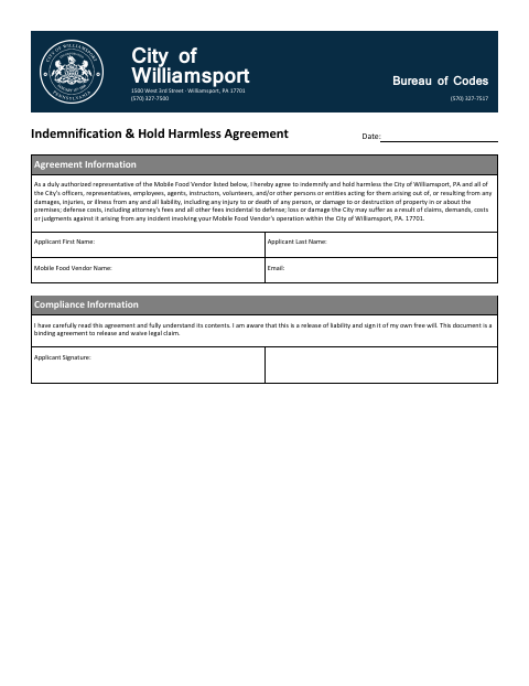 First page of the Indemnification & Hold Harmless Agreement