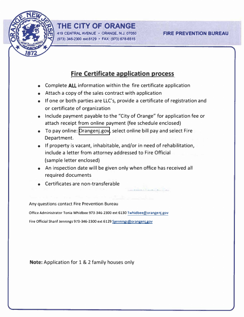 First page of the Fire Certification Application