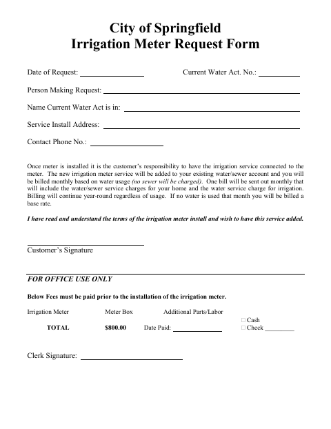 First page of the Irrigation Meter Request Form