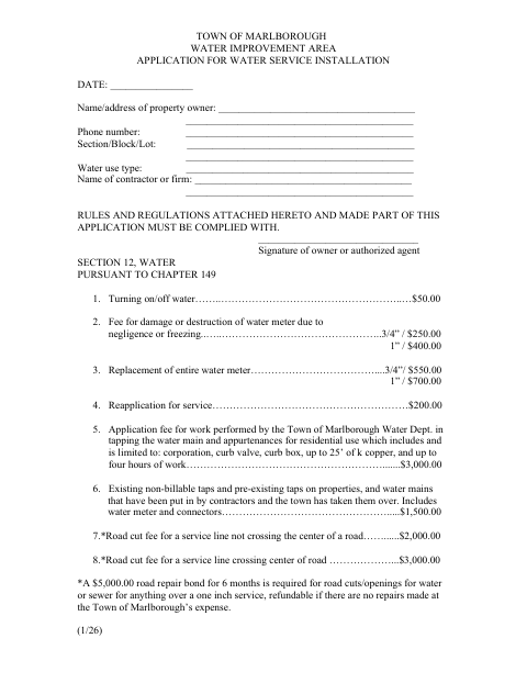 First page of the Application for Water Service Installation