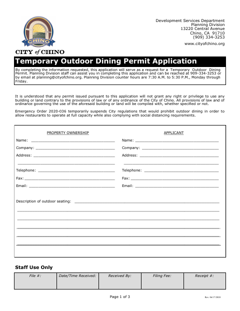First page of the Temporary Outdoor Dining Permit Application